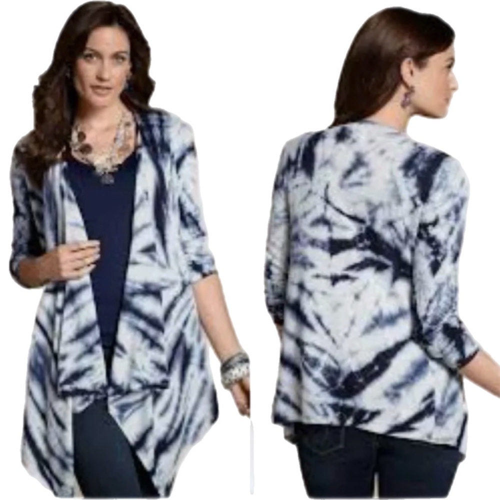 Chico’s Silk/Angora Kimono Cardigan Sweater Tie-Dye Asymmetric Boho Open Medium